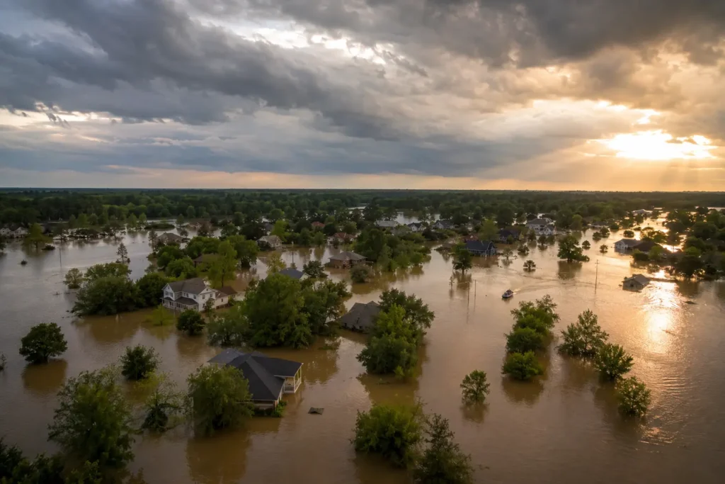 Aerial view of flooded coastal neighborhood showing water damage risk in Charleston SC and Dallas TX