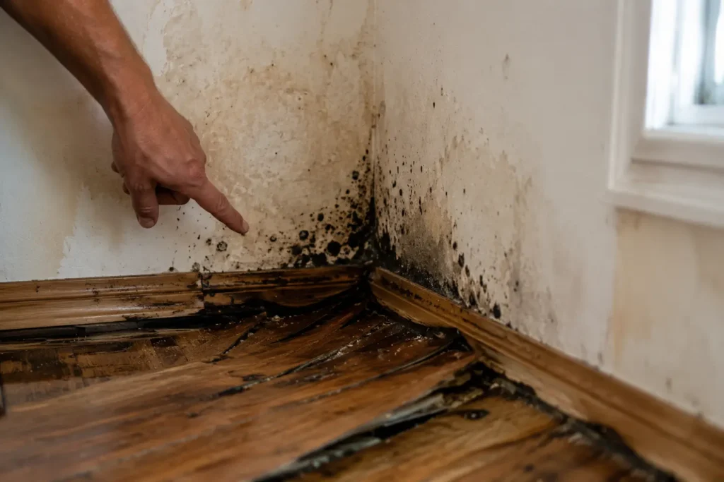 Water damaged home interior showing mold growth on walls and warped flooring requiring emergency restoration services