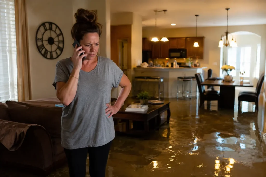 Emergency water damage restoration – homeowner calling for help after indoor flooding