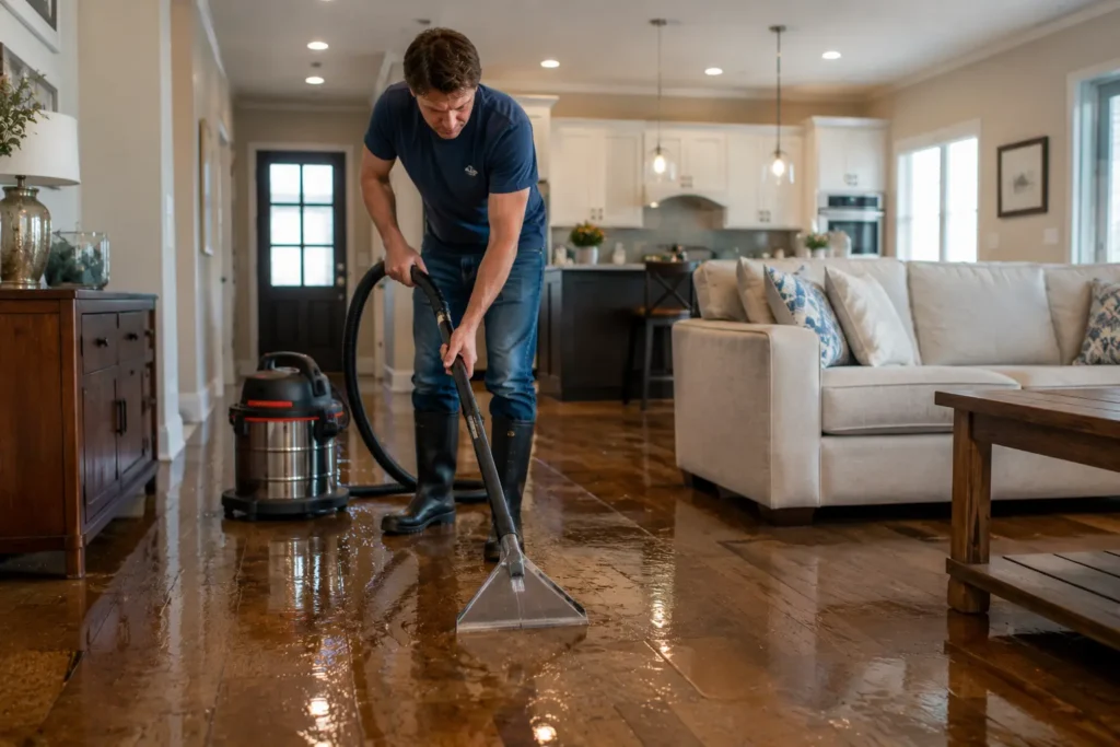 Emergency water damage water extraction using wet dry vacuum on flooded floor
